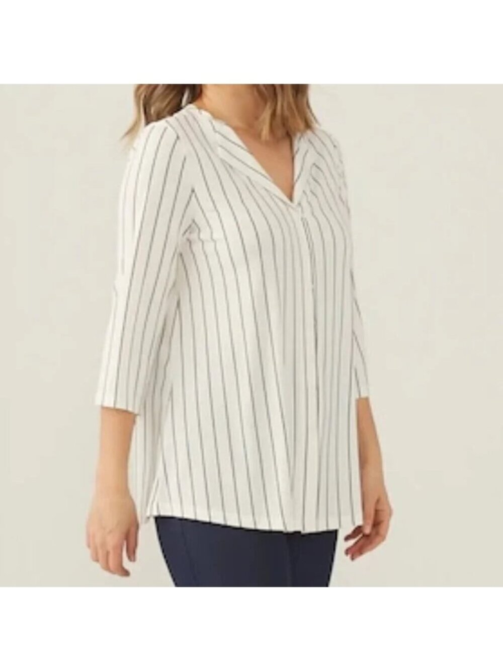 NEW Kim & Co White Stripe Button Front Stretch Shirt Top- Small
